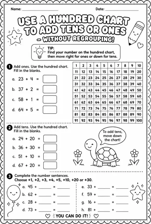 Use a hundred chart to add tens or ones - without regrouping