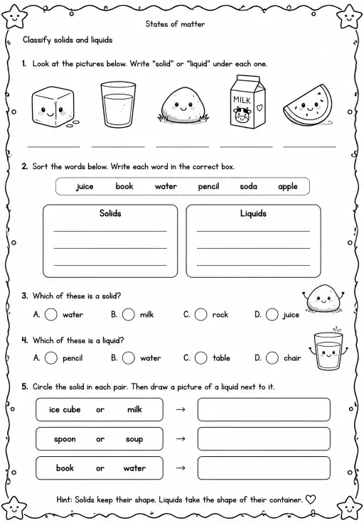 Classify solids and liquids