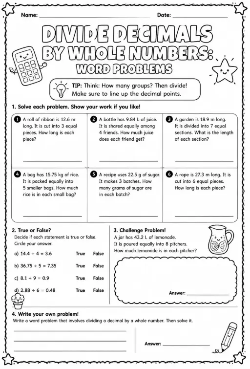Divide decimals by whole numbers: word problems
