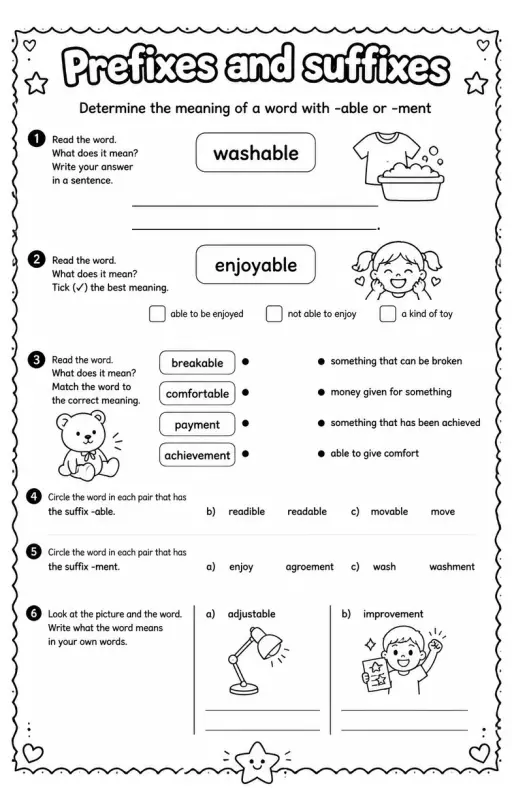 Determine the meaning of a word with -able or -ment