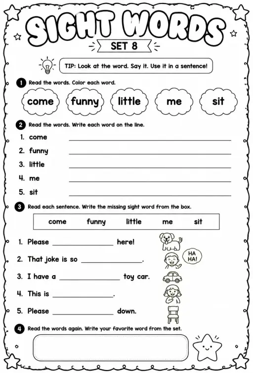 Read sight words set 8: come, funny, little, me, sit