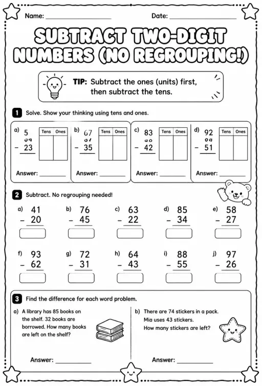 Use place value to subtract two-digit numbers - without regrouping