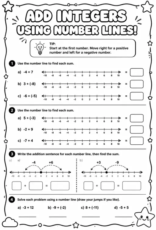 Add integers using number lines