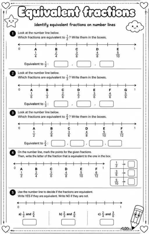 Identify equivalent fractions on number lines