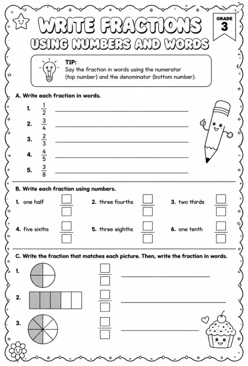Write fractions using numbers and words