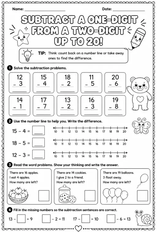 Subtract a one-digit number from a two-digit number up to 20
