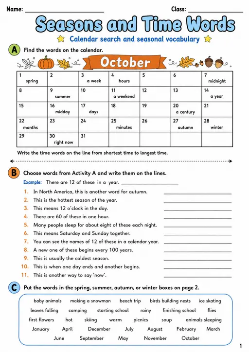 Cambridge Flyers - Seasons and Time Words | Free Worksheet