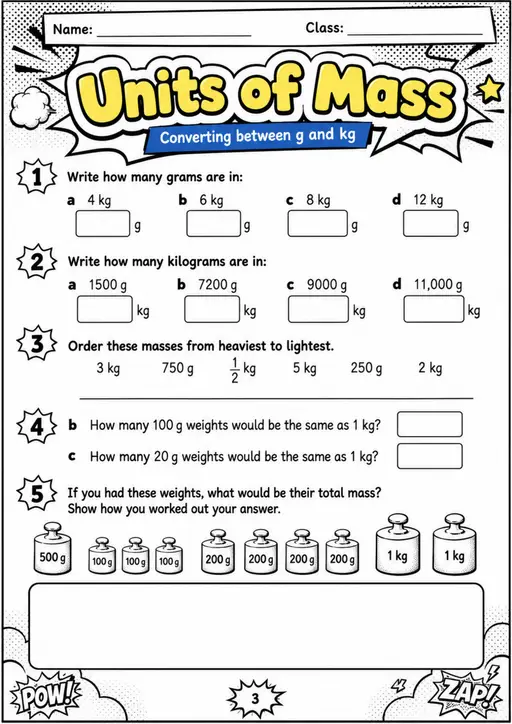 Units of Mass - Grade 3 Math Worksheet - grade 3 Reading, explanation, and short-response questions