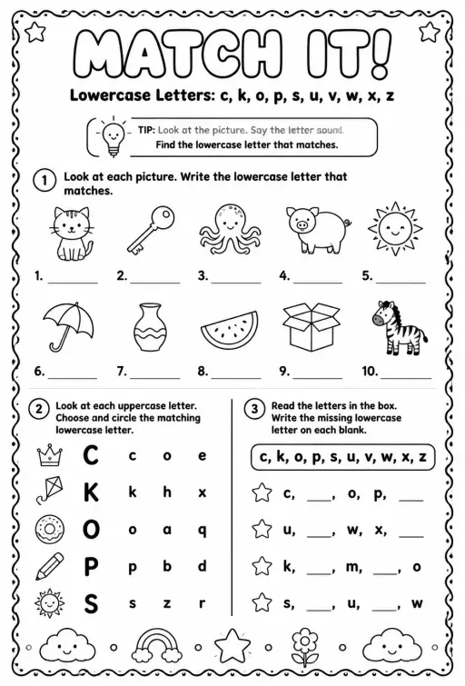 Choose the lowercase letter that matches: c, k, o, p, s, u, v, w, x, z