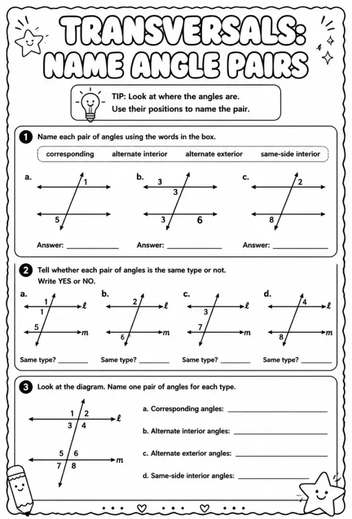 Transversals: name angle pairs
