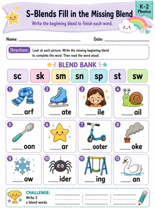 S-Blends Fill in the Missing Blend