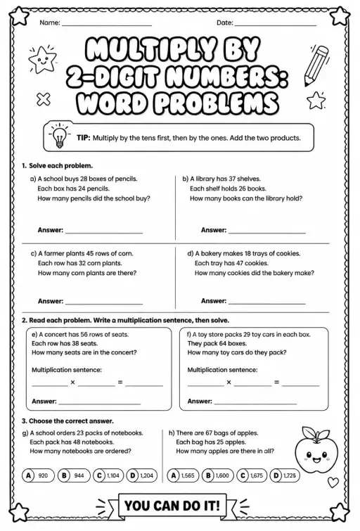 Multiply by 2-digit numbers: word problems