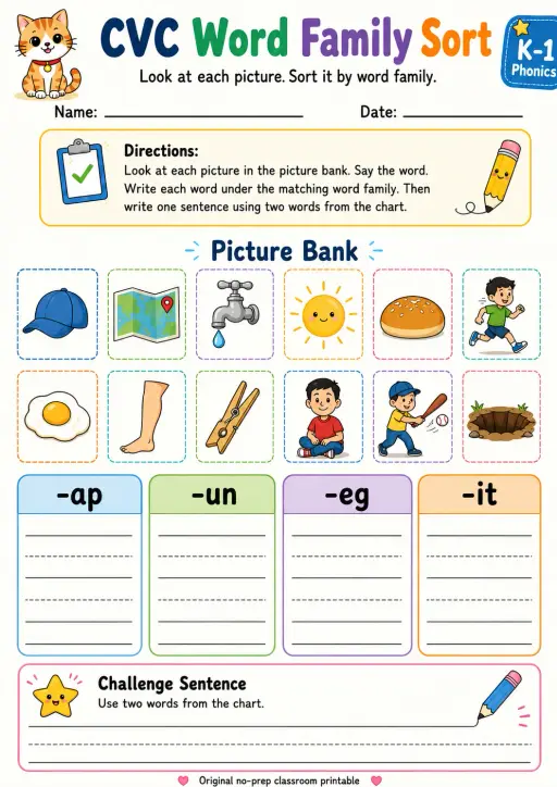 CVC Word Family Sort: -ap, -un, -eg, -it