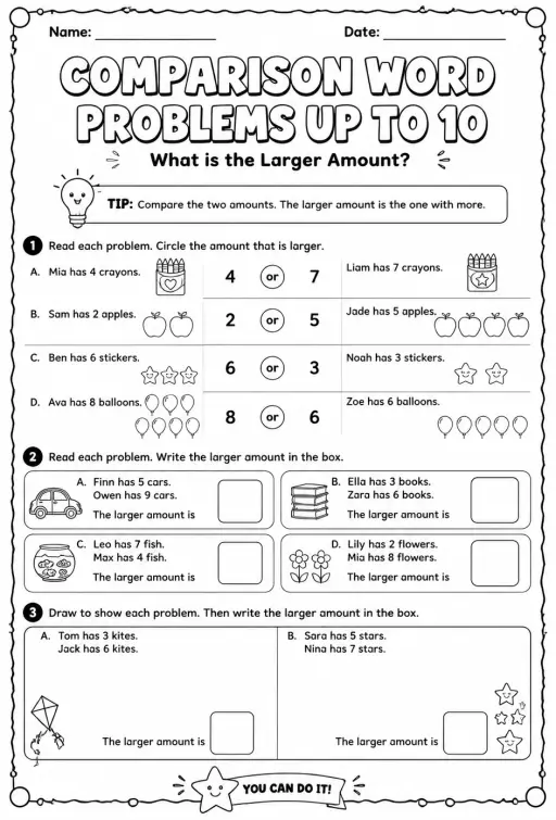 Comparison word problems up to 10: what is the larger amount?