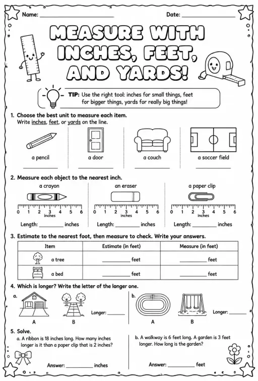 Measure with different customary units: inches, feet, and yards
