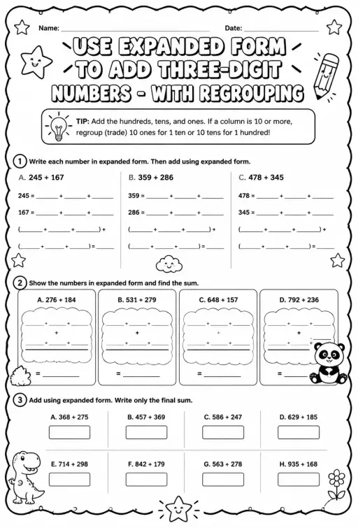 Use expanded form to add three-digit numbers - with regrouping