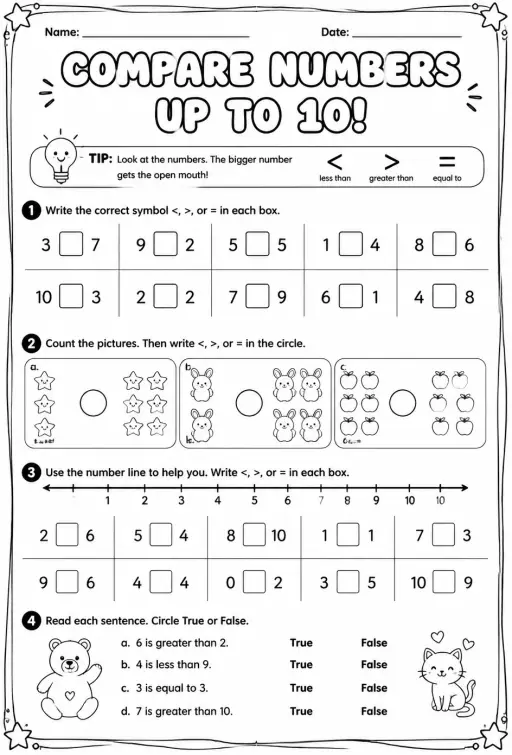 Compare numbers up to 10 using symbols