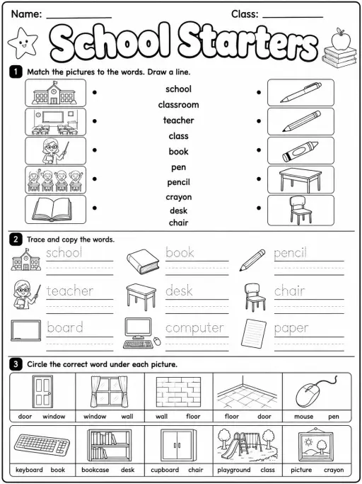 School Starters Vocabulary Worksheet Pack