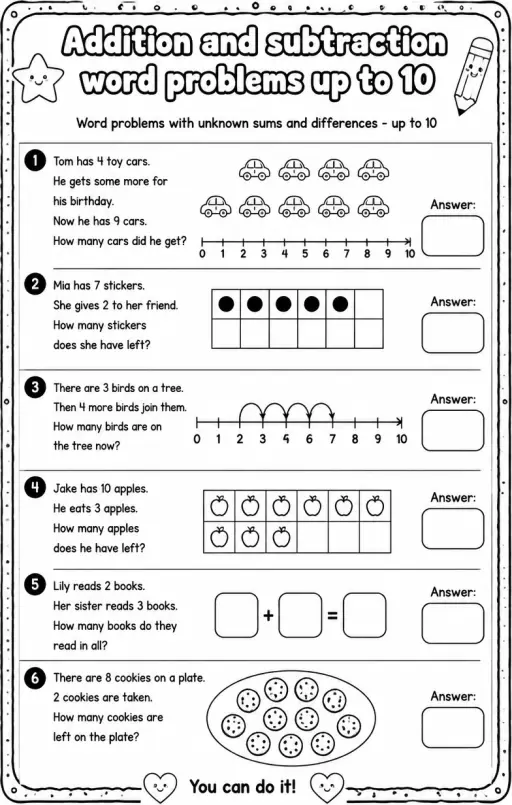 Word problems with unknown sums and differences - up to 10