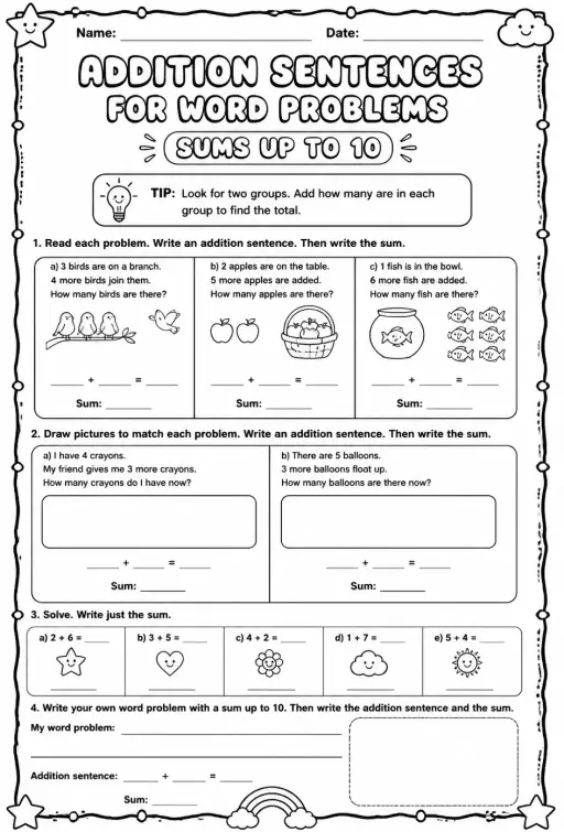 Addition sentences for word problems - sums up to 10