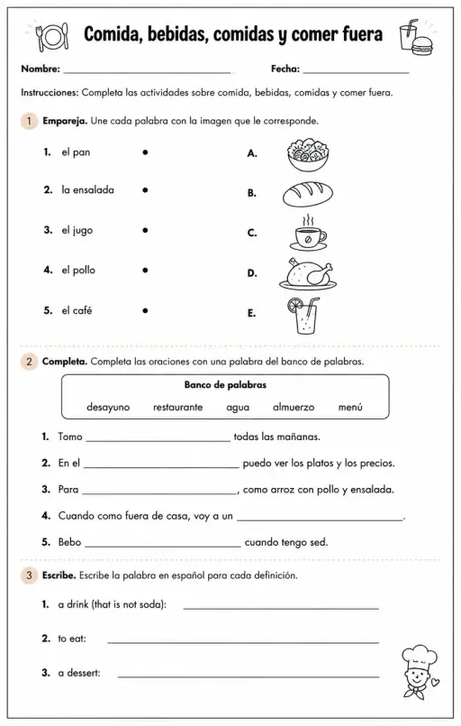 Reconocer palabras, frases o oraciones en español relacionadas con alimentos.