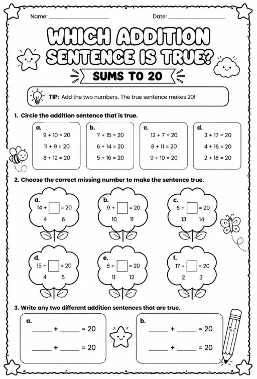 Which addition sentence is true? - sums to 20
