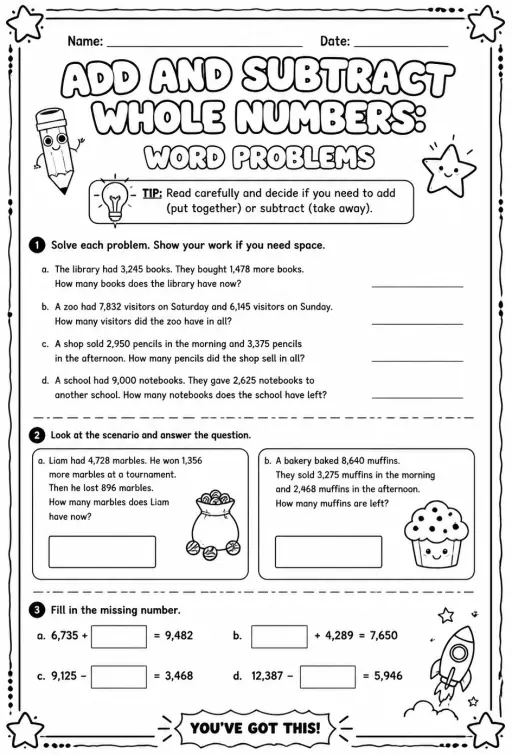 Add and subtract whole numbers: word problems