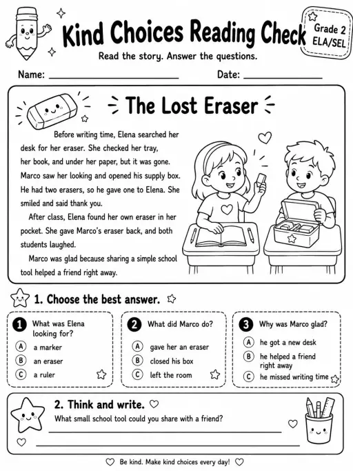 Kind Choices Reading Check: The Lost Eraser