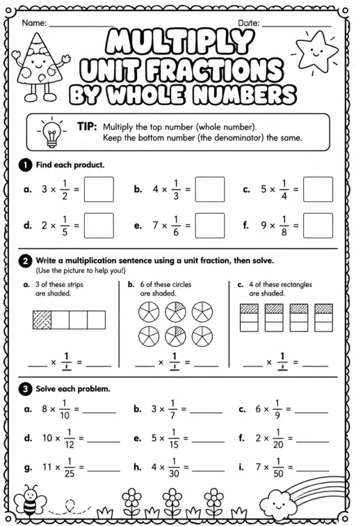 Multiply unit fractions by whole numbers