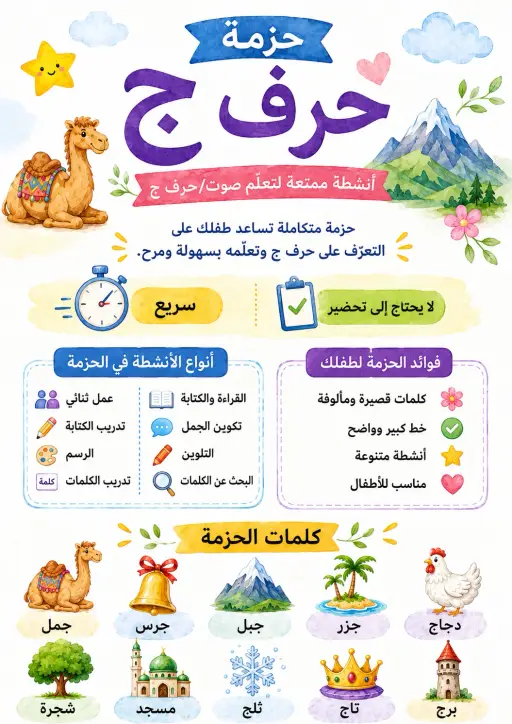 Arabic Letter Jeem Phonics Worksheets Pack