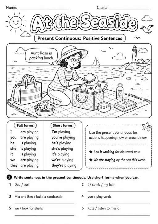 Present Continuous: At The Seaside 2 | Grades 3-4 Grammar Worksheet
