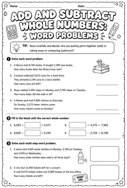 Add and subtract whole numbers: word problems