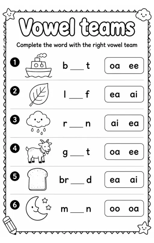 Complete the word with the right vowel team