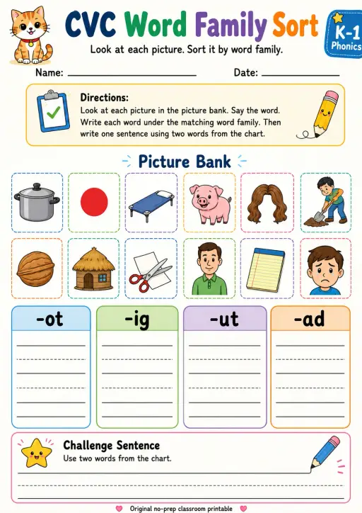 CVC Word Family Sort: -ot, -ig, -ut, -ad