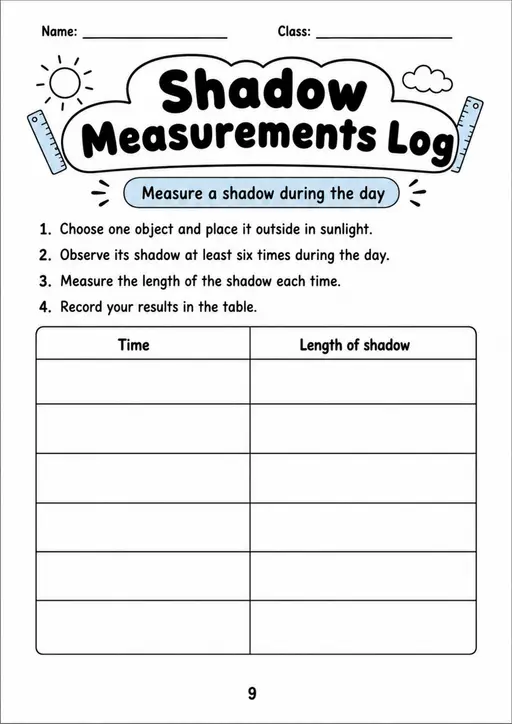Shadow Measurements Log - Grade 3 Science Worksheet