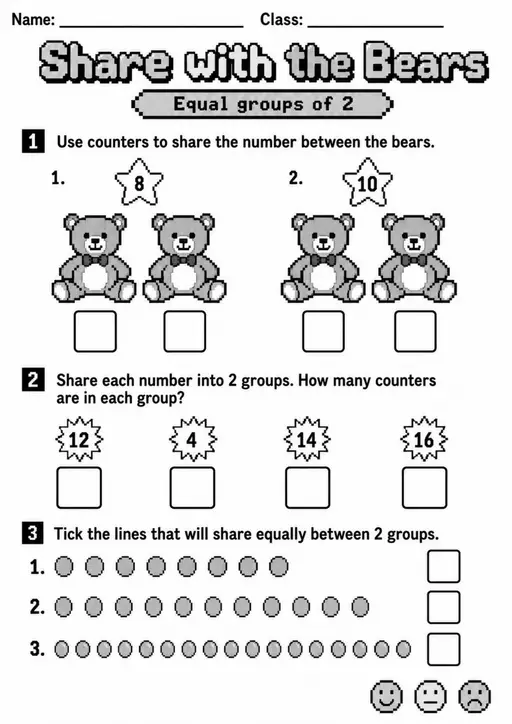 Grade 1 Fractions and Equal Groups Worksheets - Pack 2