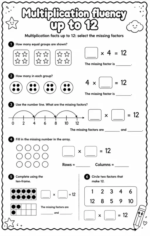 Multiplication facts up to 12: select the missing factors