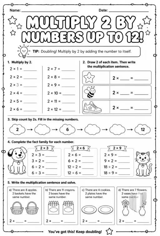 Multiply 2 by numbers up to 12