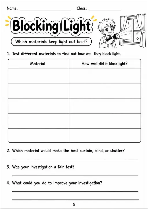Blocking Light - Grade 3 Science Worksheet