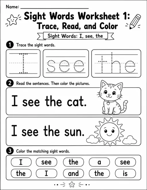 Sight Words Worksheet 1: Trace, Read, and Color