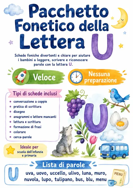 Italian Letter U Phonics Worksheets Pack