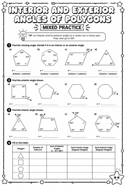 Interior and exterior angles of polygons: mixed practice