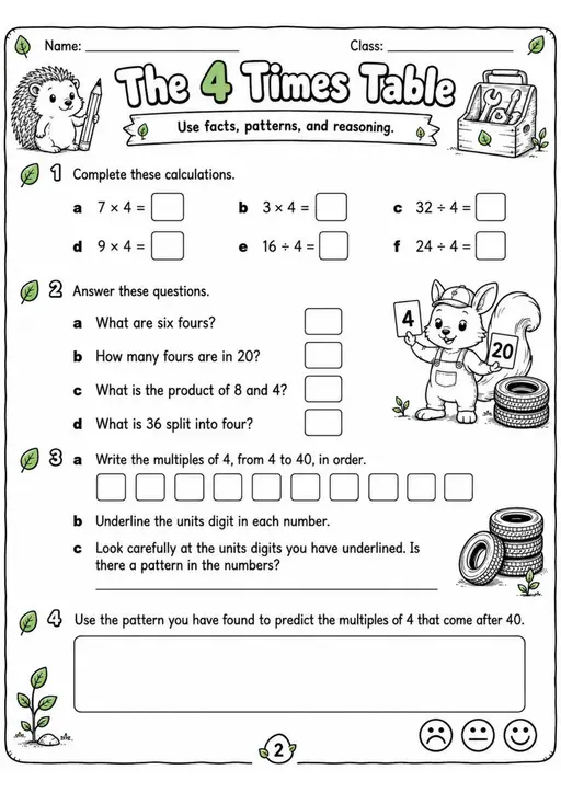 The 4 Times Table - Grade 3 Math Worksheet - WKS-MAT-grade-3-XH-0179-EN