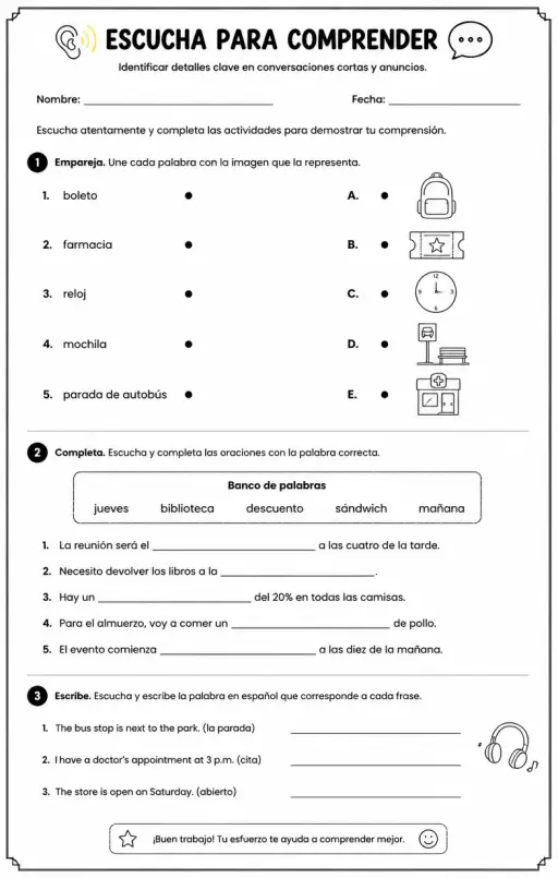 Identificar detalles clave en conversaciones cortas y anuncios.