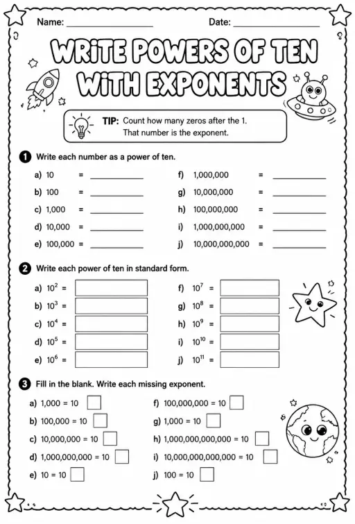 Write powers of ten with exponents