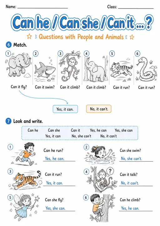 Can He She or It? Ability Questions | Grade 1 Grammar Worksheet