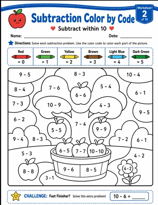 Subtraction Color by Code: ↓ Subtract within 10 ↓: Worksheet 2