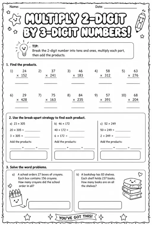 Multiply 2-digit numbers by 3-digit numbers