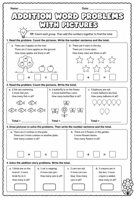 Addition word problems with pictures - sums up to 10