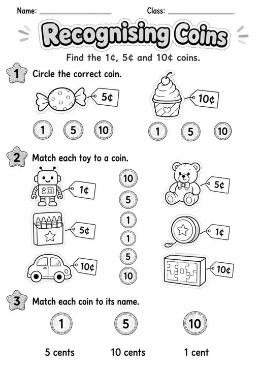 Grade 1 Measurement, Money and Time Worksheets - Pack 1
